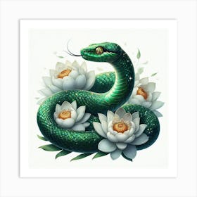 Green Snake With Lotus Flowers Art Print