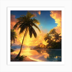 Hawaii Beach At Sunset With Palm Trees Art Print