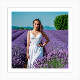 Beautiful Woman In White Dress In A Lavander Field 0 Art Print