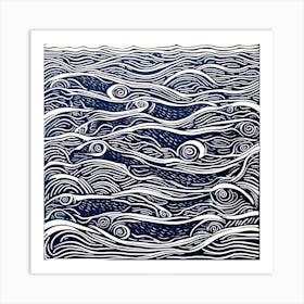 Waves In Blue And White Linocut Art Print