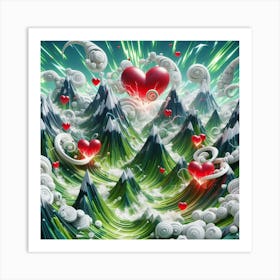 3 Dimensional Mountains With Multiple Green Lightning And White Swirls In A Vortex Of 3 Red Hearts Art Print