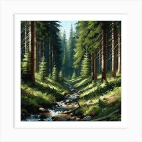 Stream In The Forest, Acrylic Painting Style 16 Art Print