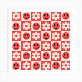 Checkered Red Happy Faces with White Flowers Art Print