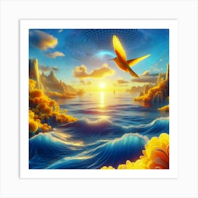 Hummingbird Flying Over The Ocean Art Print