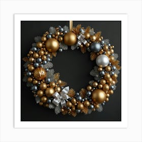 Christmas Wreath With Silver And Gold Ornaments Art Print