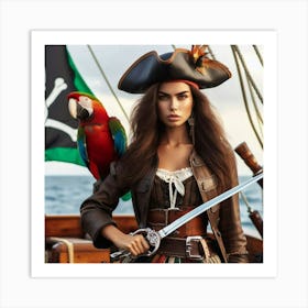 Beautiful Woman In Pirate Costume With Parrot 1 Art Print