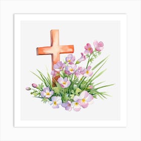 Easter Cross And Flowers Art Print