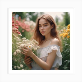 Photo Medium Shot Woman Posing In Romantic Garden Beautiful Summer Flowers In Girl Hands 1 Art Print