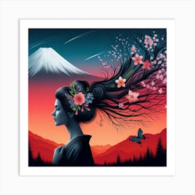 Geisha Woman With Butterfly And Cherry Blossoms Art Print