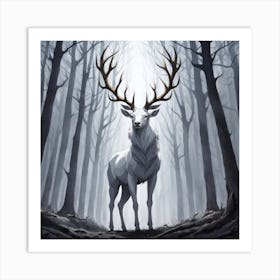 A White Stag In A Fog Forest In Minimalist Style Square Composition 76 Art Print