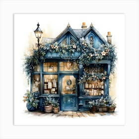 Charming Blue Cottage Shop Artwork – Floral Fairy Tale Aesthetic Illustration Art Print