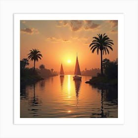 Serene Nile River Scene At Sunset With Sailboats And Lush Palm Trees Along The Bank 1 Art Print