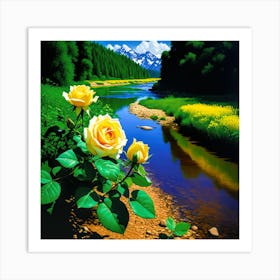 Yellow Roses By The River Art Print