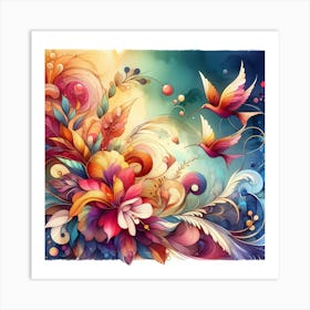 Colorful Flowers And Birds 3 Art Print