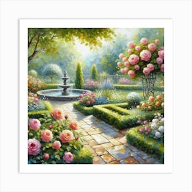 Rose Garden With The Fountain, Acrylic Style Painting 20 Art Print