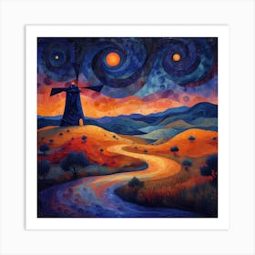 Windmill At Night Art Print