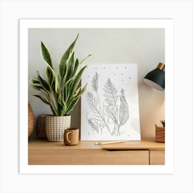 Firefly Scandinavian Minimalist Workspace With Pencil And Flora Sketch 6297 Art Print