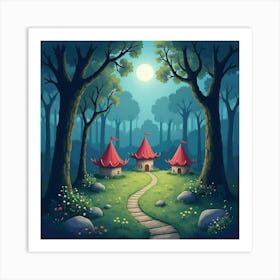 Fairy Village Hidden In A Glowing Forest, Watercolor 1 Art Print