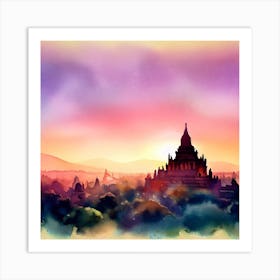 Watercolor sunset In Bagan Art Print