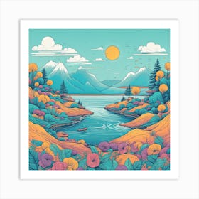 Landscape With Mountains And Flowers Art Print