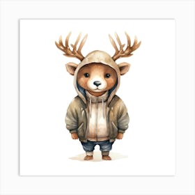 Watercolour Cartoon Elk In A Hoodie 2 Art Print