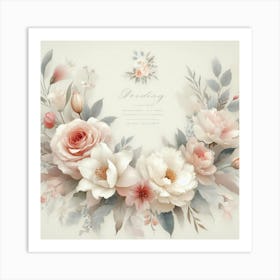 Exquisite and Delicate Watercolor Floral Illustration of Peonies, Roses, and Other Flowers in Soft Pink, White, and Green Tones, Set Against a Light Beige Background, Perfect for Use as a Wedding Invitation or Save-the-Date Card Art Print