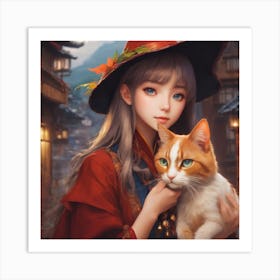 Anime Girl With Cat 1 Art Print
