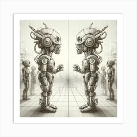 A Sketch Shows Two Robots Talking To Each Other, Featuring A Surreal Look And Narrow Aspect Ratio Art Print