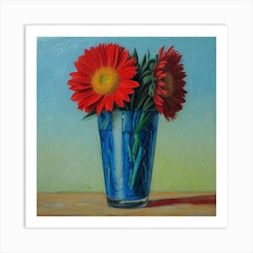 Red Gerberas In Blue Vase Art Print