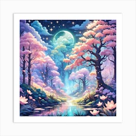 A Fantasy Forest With Twinkling Stars In Pastel Tone Square Composition 62 Art Print