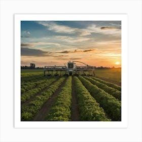 Tractor Plowing A Field At Sunset Art Print