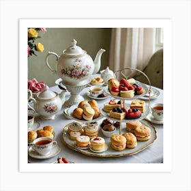 English Afternoon Tea Create An Image Of An English Afternoon Tea Setup With A Teapot Teacups Scones 231689358 Art Print