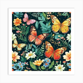 Butterflies On A Black Background Art Print