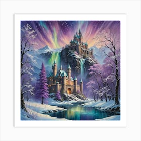 Castle With Waterfall In Midst Of Snowy Mountain Art Print