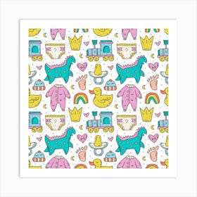 Baby Care Stuff Clothes Toys Cartoon Seamless Pattern Art Print