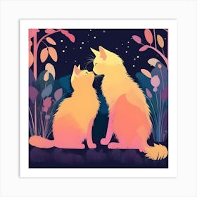 Silhouettes Of Cats In The Garden At Night, Yellow, Orange And Purple Art Print