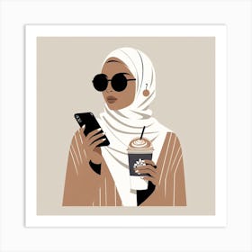 Latte Lady: A Minimalist and Elegant Illustration of a Woman with a Hijab and Sunglasses Art Print