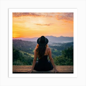 Woman In Black Hat Sitting Alone On A Wooden Balcony Overlooking A Hill Dotted Landscape Trees Al (1) Art Print