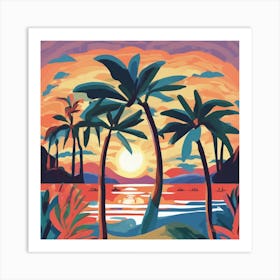 Sunset With Palm Trees Art Print