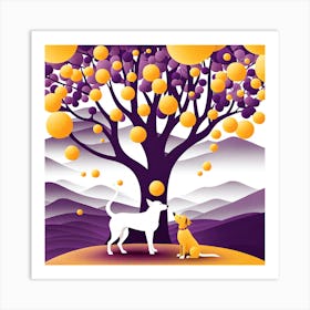 Dogs And Tree, vector art Art Print