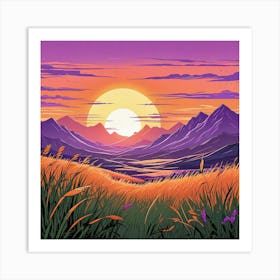 Summer Landscape Sunset In The Desert Cartoon Style Sunset Landscape With Grass Field And Trees (2) Art Print