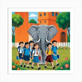 Elephant Protects Children Art Print