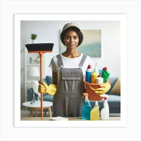 Housekeeper Holding Cleaning Supplies Art Print