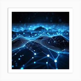 Abstract Geometric Network Tangled In Glowing Blue Lines And Dots Forming Wave Like Patterns And Po Art Print