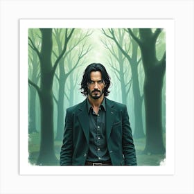 Watercolor Portrait Of Keanu Reeves In A Misty Forest, Soft Hues Of Green And Blue 1 Art Print