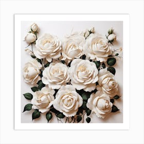 a bunch of white roses with green leaves, a photorealistic painting by Jeka Kemp, trending on pinterest, generative art, made of flowers, detailed painting, rococo Art Print