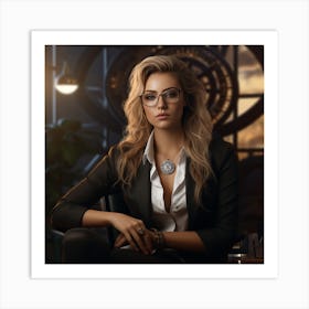 Beautiful Woman In Glasses Sitting At Desk Art Print