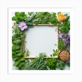 Frame With Herbs And Flowers Art Print