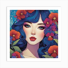 Blue Haired Girl With Flowers 1 Art Print