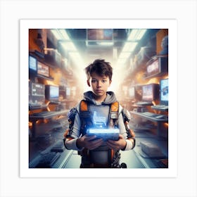 Futuristic Boy With Tablet Computer Art Print